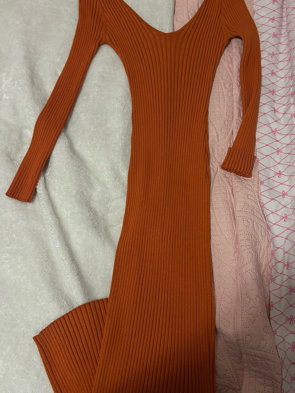 Fashion Nova Ribbed Long-Sleeve Midi Dress in Burnt Orange